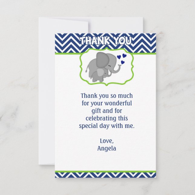Navy Chevron Elephant Love Thank You Note (FLAT) Card (Front)