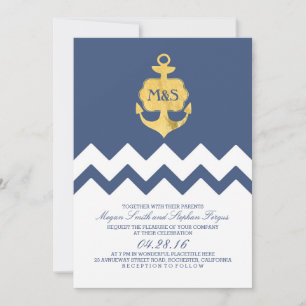 Navy Chevron Gold Foil Anchor Nautical Wedding Invitation