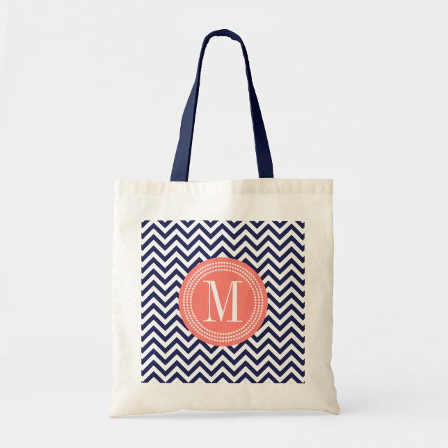 Navy Chevron Zigzag Personalised Monogram Tote Bag (Front)