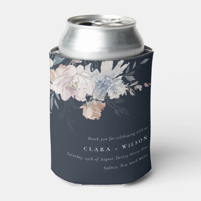 Navy Chic Blush Watercolor Floral Wedding Can Cooler (Can Front)