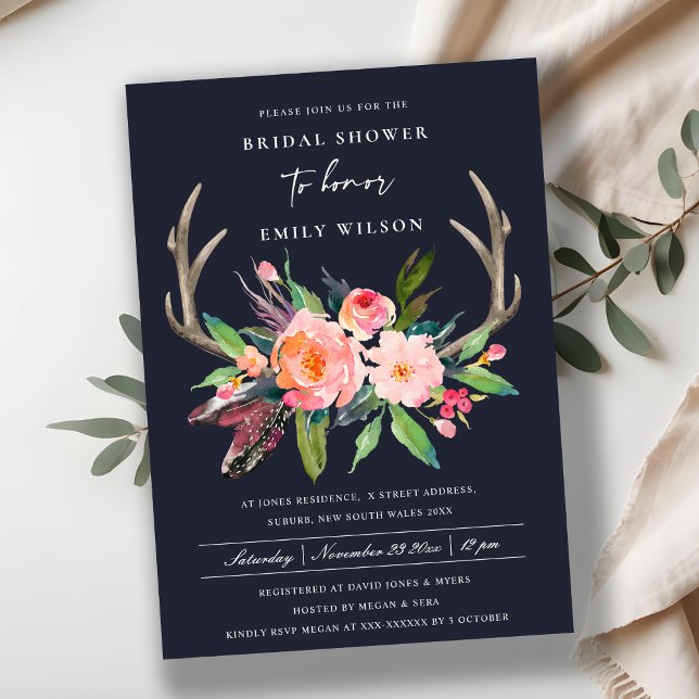NAVY CHIC BOHO BLUSH ANTLER FLORAL BRIDAL SHOWER INVITATION (Creator Uploaded)