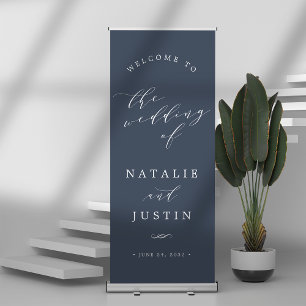Navy Chic Calligraphy Wedding Welcome Retractable Banner