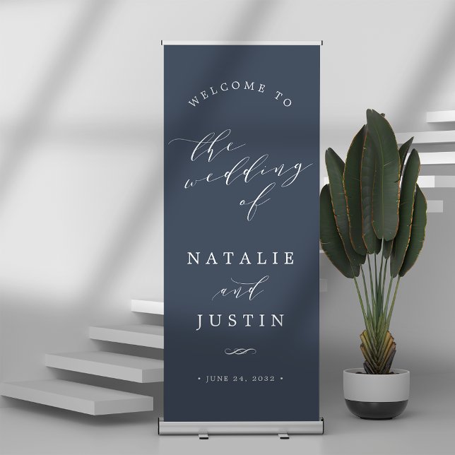 Navy | Chic Calligraphy Wedding Welcome Retractable Banner (Creator Uploaded)