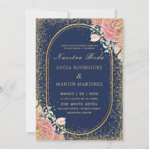 Navy Chic Floral Gold frame Glitter Nuestra Boda Invitation