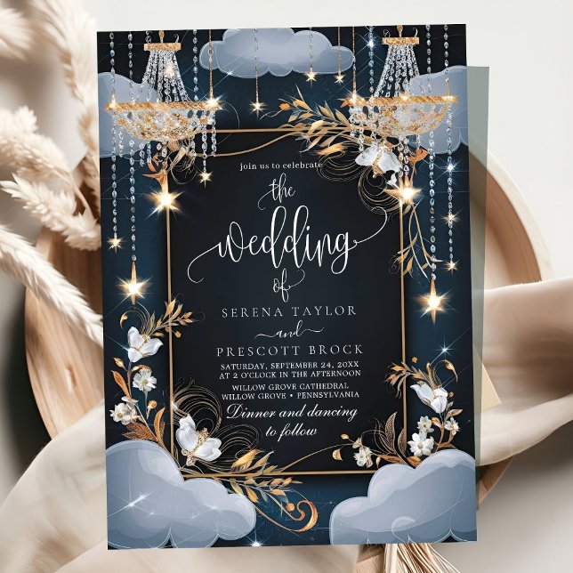 Navy Chic Golden Chandelier Wedding Invitation (Creator Uploaded)