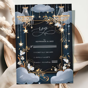 Navy Chic Golden Chandelier Wedding RSVP Card