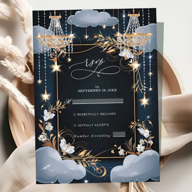 Navy Chic Golden Chandelier Wedding RSVP Card (Creator Uploaded)