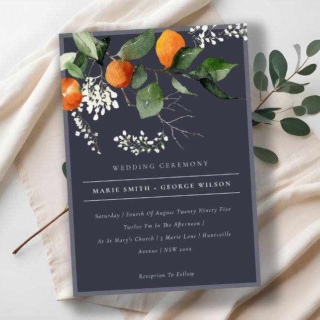 Navy Chic Orange Blossom Botanical Wedding Invite (Creator Uploaded)