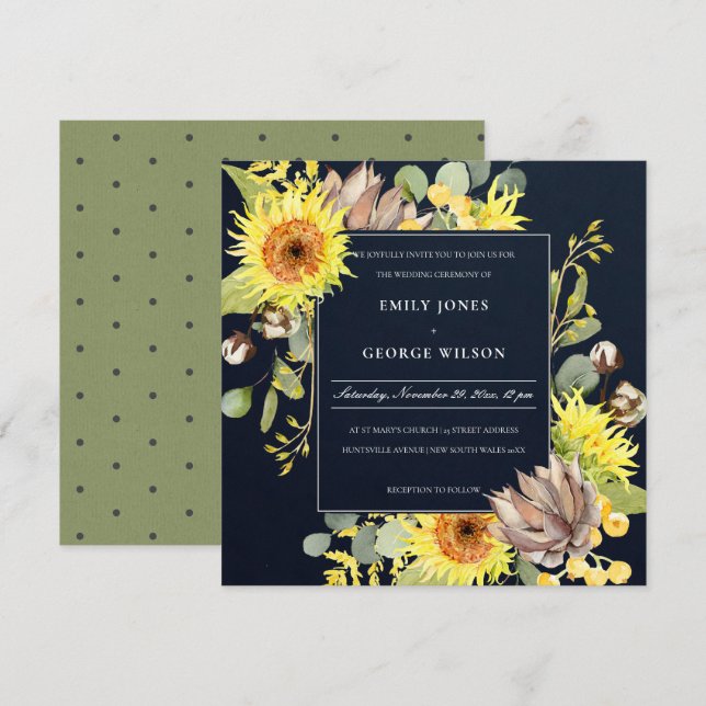 NAVY CHIC SUNFLOWER EUCALYPTUS PINE FLORAL WEDDING INVITATION (Front/Back)