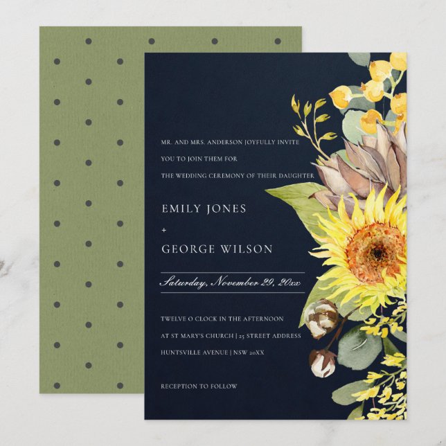 NAVY CHIC SUNFLOWER EUCALYPTUS PINE FLORAL WEDDING INVITATION (Front/Back)