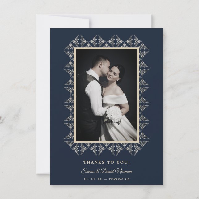 Navy Chic Wedding Flourish Lace Framed Photo Thank You Card (Front)