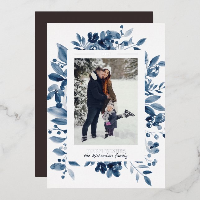 Navy Christmas floral watercolor photo Foil Holiday Card (Front/Back)