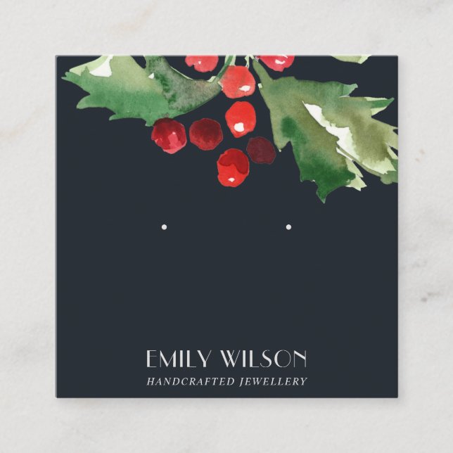 NAVY CHRISTMAS HOLLY BERRY STUD EARRING DISPLAY SQUARE BUSINESS CARD (Front)