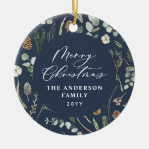 Navy Christmas minimal elegant botanical photo Ceramic Tree Decoration