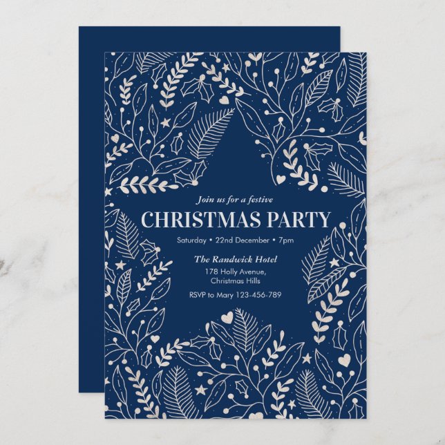 Navy Christmas party Invitation stars and holly (Front/Back)