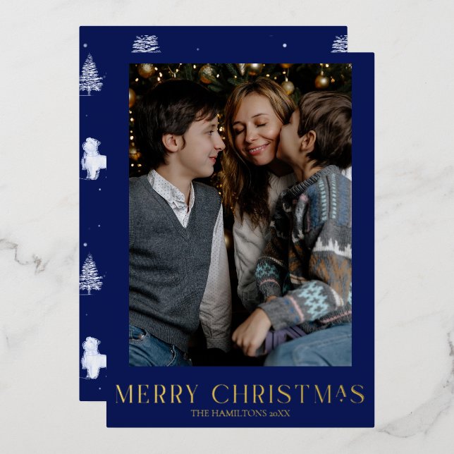 Navy Christmas Photo Gold Foil Winter Toile  Foil Holiday Card (Front/Back)