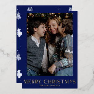 Navy Christmas Photo Gold Foil Winter Toile Holiday Card