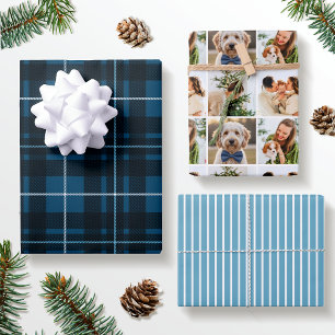 Navy Christmas Plaid Custom Photo Holiday Wrapping Paper Sheet