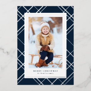 Navy Christmas plaid one photo elegant family Foil Holiday Card