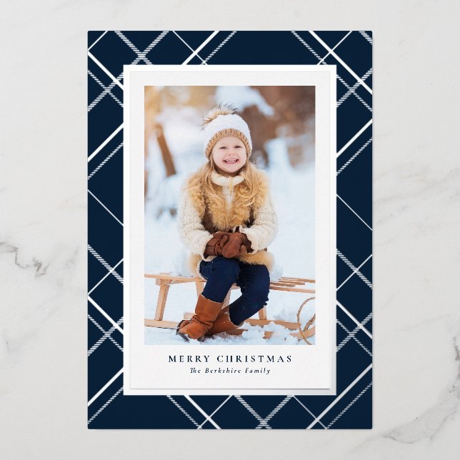 Navy Christmas plaid one photo elegant family Foil Holiday Card (Front)
