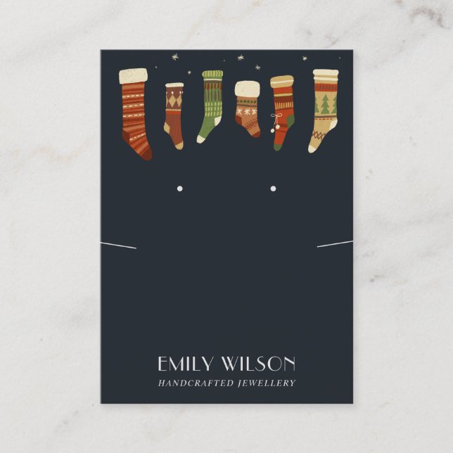 NAVY CHRISTMAS STOCKINGS NECKLACE EARRING DISPLAY BUSINESS CARD (Front)