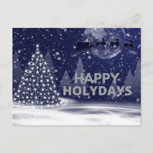 Navy Christmas Tree Dark Snowy Night Postcard (Front)