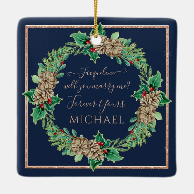 Navy Christmas Wreath Proposal Holly Leaf Foliage Ceramic Ornament (Back)