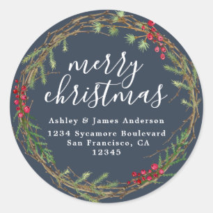 Navy Christmas Wreath Return Address Classic Round Sticker
