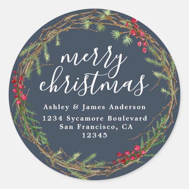 Navy Christmas Wreath Return Address Classic Round Sticker (Front)