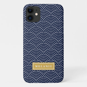 Navy Circle Wave Pattern Gold Name Template iPhone 11 Case