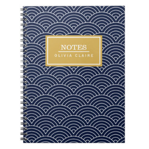 Navy Circle Wave Pattern Gold Name Template Notebook
