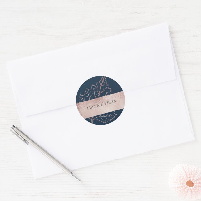 Navy Classic Matt Rose Gold Leaves Wedding  Round Sticker (Envelope)