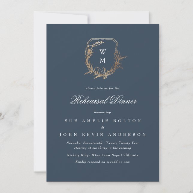 navy classic monogram gold crest rehearsal dinner invitation (Front)