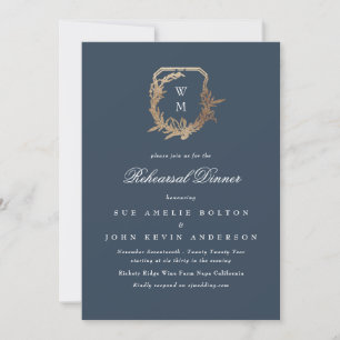 navy classic monogram gold crest rehearsal dinner invitation