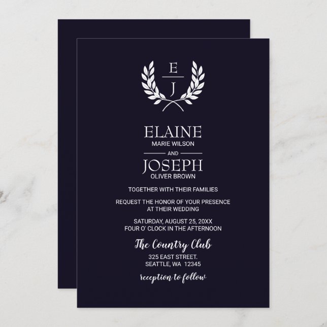 Navy Classic Monogram Wedding Invitations (Front/Back)