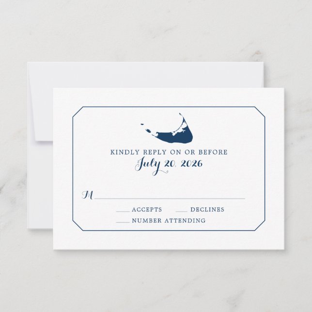 Navy Classic Nantucket Island Map Wedding RSVP Card (Front)