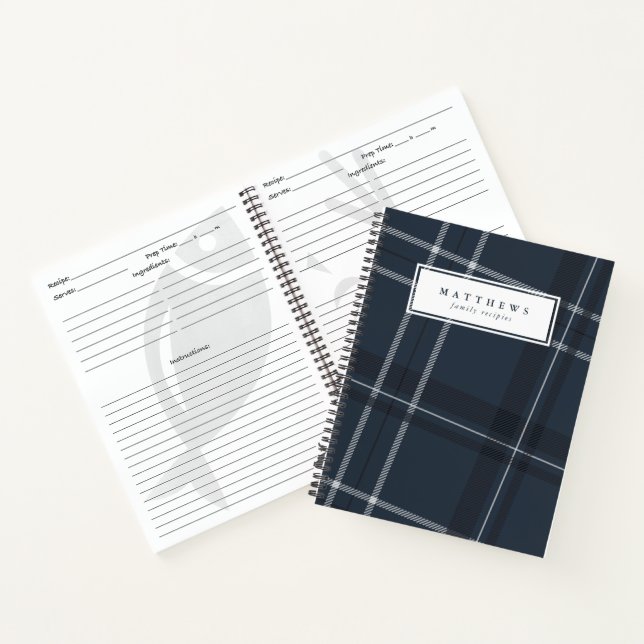 Navy classic plaid personalised family recipe notebook (Inside)