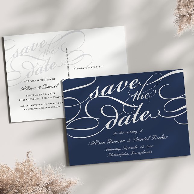 Navy | Classic Script Wedding Save the Date Announcement Postcard (Creator Uploaded)