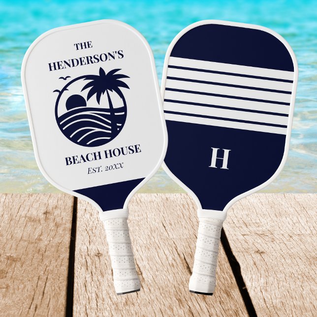 Navy Coastal Nautical Palm Tree Family Beach House Pickleball Paddle (Creator Uploaded)