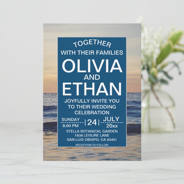 Navy Coastal Seascape Sunset Summer Beach Wedding Invitation (Standing Front)