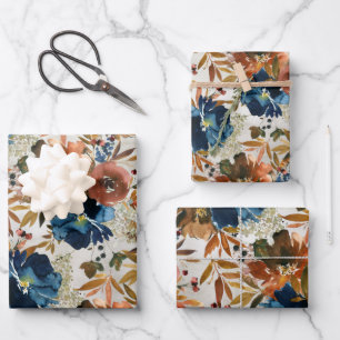 Navy & Coffee Peony Late Season Garden Wrapping Paper Sheet
