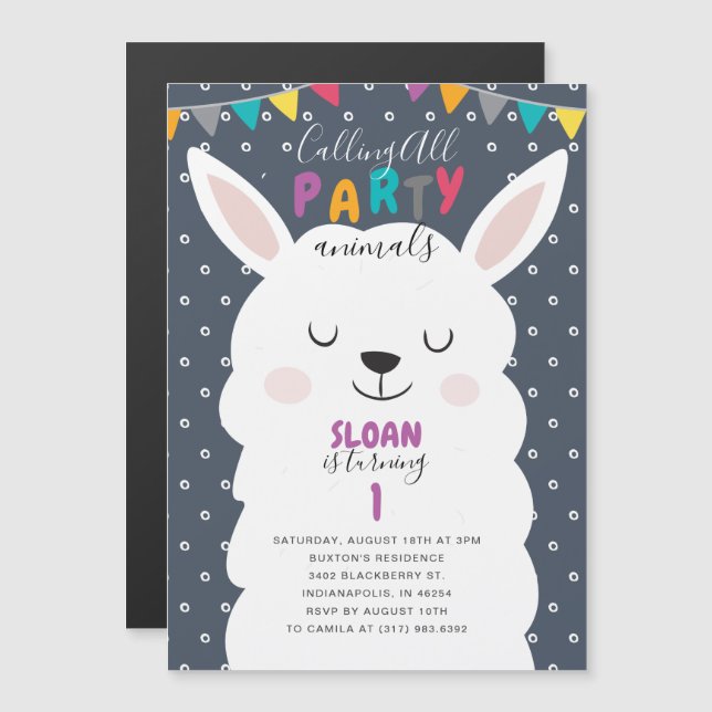 Navy Colourful Lama Fun Fiesta Birthday Party Magnetic Invitation (Front/Back)