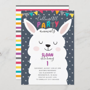 Navy Colourful Stripes Lama Fun Birthday Party Invitation