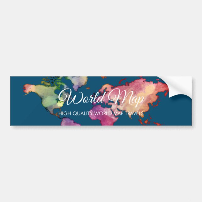 Navy Colourful Watercolor World Map Bumper Sticker (Front)