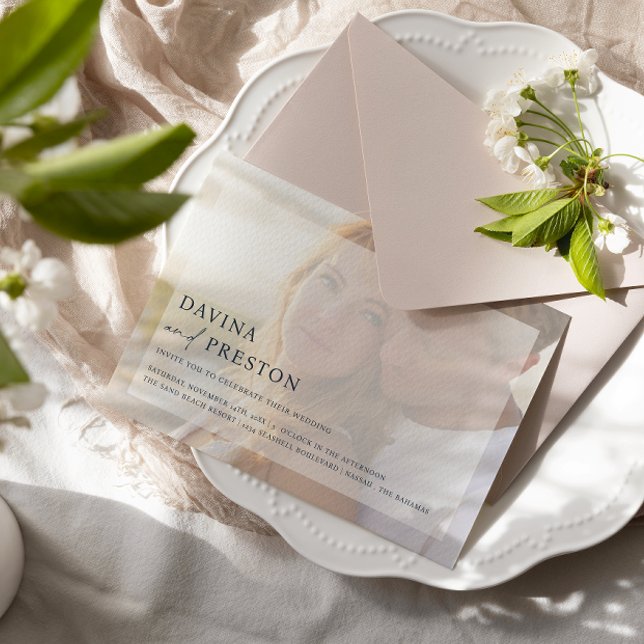 Navy Contemporary  Script Horizontal Photo Wedding Invitation (Creator Uploaded)