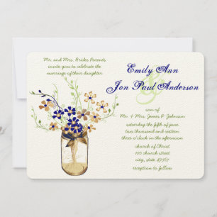 Navy Copper and Green Mason Jar Wild Flower Invitation