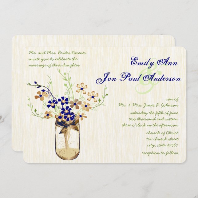 Navy Copper and Green Mason Jar Wild Flower Invitation (Front/Back)