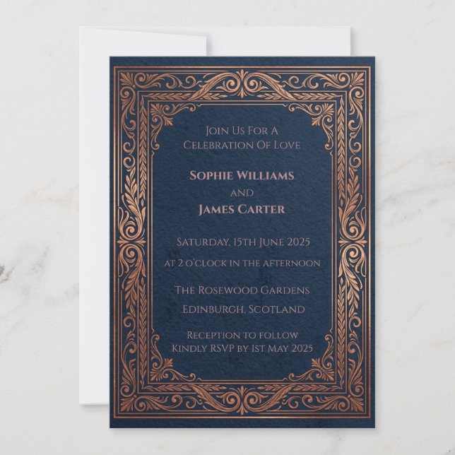 Navy Copper Baroque Wedding Invitation (Front)