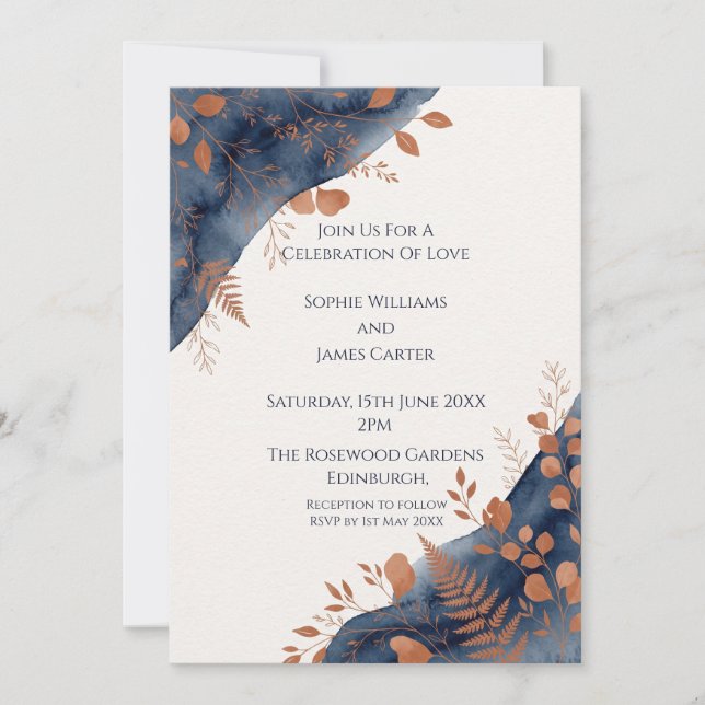 Navy Copper Botanical Wedding Invitation (Front)