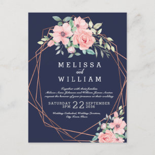 Navy Copper Geometric Watercolor Floral Wedding Invitation Postcard